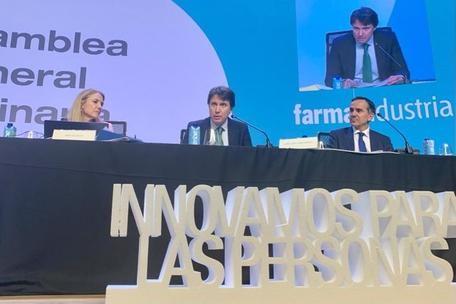 El presidente de Farmaindustria, Juan López-Belmonte, durante su intervención ante la Asamblea General Ordinaria de la Asociación, celebrada este jueves 23 de junio de 2022 en Madrid.
