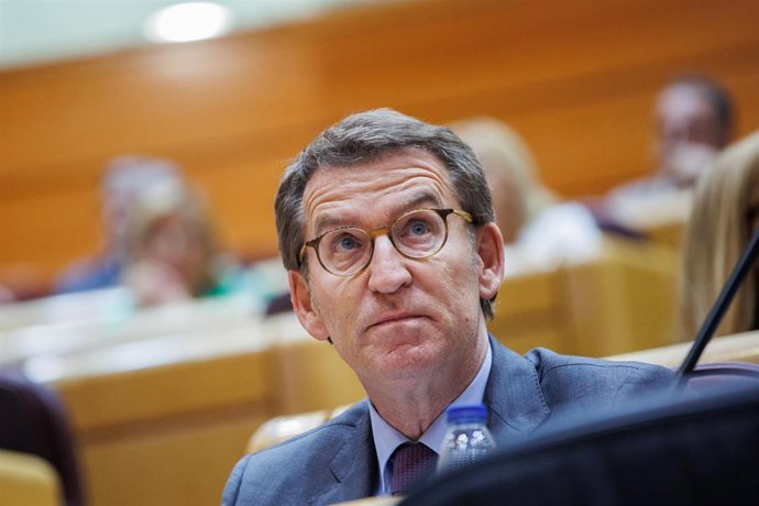 El líder del PP, Alberto Núñez Feijóo, durante una sesión plenaria, en el Senado, a 21 de junio de 2022, en Madrid (España). Esta es la última sesión de control al Gobierno antes del parón estival. El pleno está centrado principalmente en las cuestiones