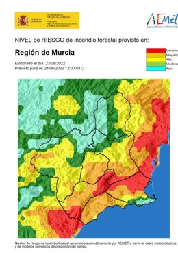 Mapa de riesgo de incendio forestal en la Región de Murcia correspondiente al 24 de junio de 2022