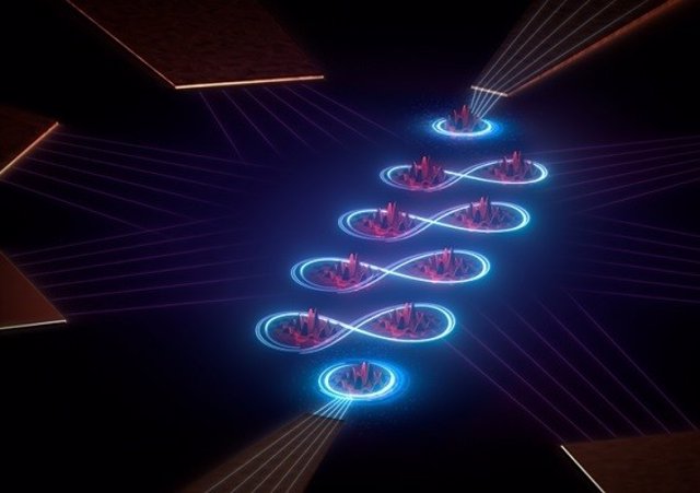 Impresión de un artista del interior del circuito integrado cuántico que modela la cadena de carbono. Los átomos de carbono simulados están en rojo, mientras que el azul representa los electrones intercambiados entre ellos.