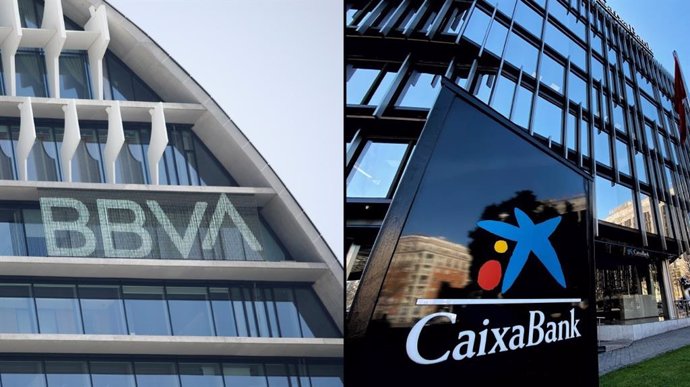 Archivo - Sedes de BBVA y de CaixaBank en Madrid