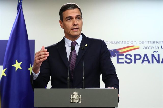 El presidente del Gobierno, Pedro Sánchez, en rueda de prensa en Bruselas al término del Consejo Euopeo