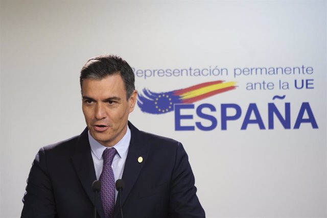 HANDOUT - 24 June 2022, Belgium, Brussels: Spanish Prime Minister Pedro Sanchez speaks during a press briefing on the second day of the European Union Leaders Summit at the European Council. Photo: Alexandros Michailidis/European Council/dpa - ATTENTION: 