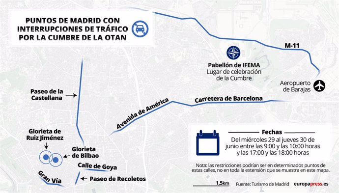 Mapa con puntos de Madrid con interrupciones de tráfico por la Cumbre de la OTAN.