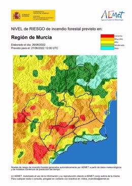Nivel de riesgo de incendio forestal en la Región de Murcia
