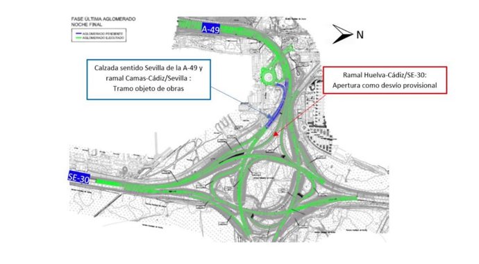 Afecciones al tráfico en la A-49 por las obras en el enlace de La Pañoleta