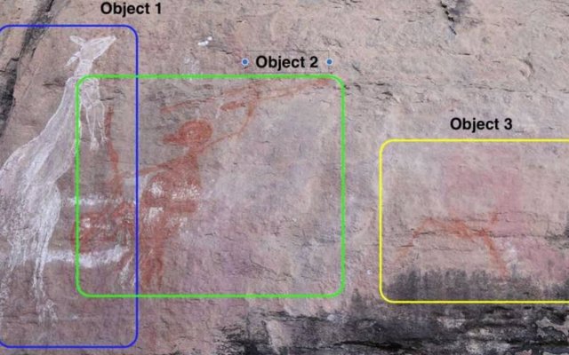 Ejemplo hipotético de posible detección de imágenes de arte rupestre en una imagen del Parque Nacional Kakadu, Australia.