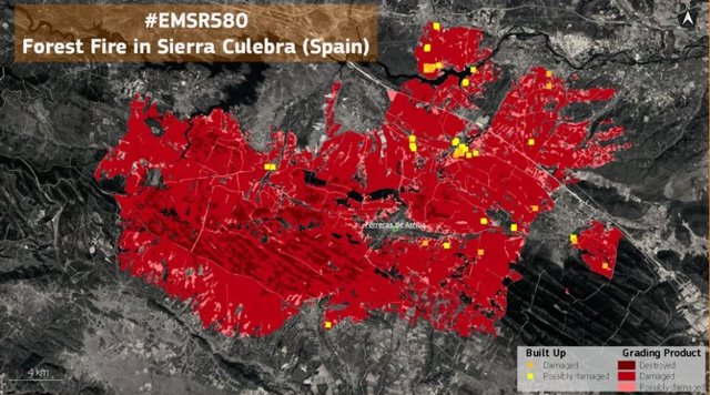 Mapa con la superficie afectada por el fuego en el incendio de La Sierra de la Culebra, en Zamora, según el sistema Copernicus.