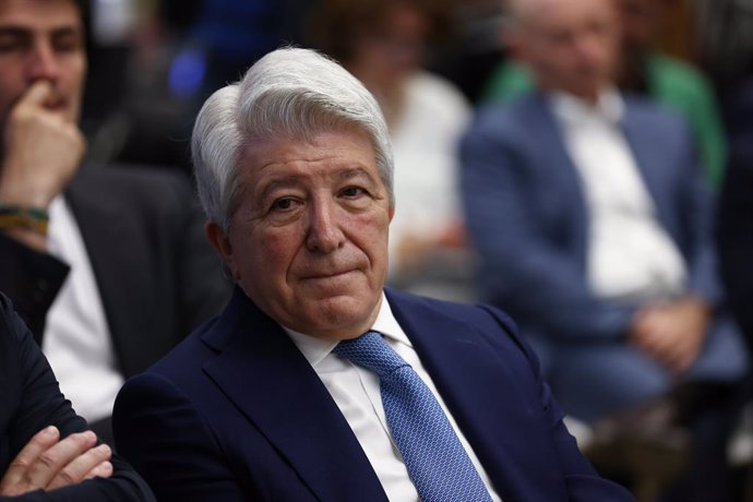 Archivo - Enrique Cerezo, President of Atletico de Madrid, is seen during the the presentation of Academy Vicente del Bosque at Santander Work Center on May 26, 2022, in Madrid Spain.