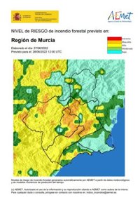 El riesgo de incendio forestal previsto para este martes es alto en Guadalentín, Mula, Noroeste y Vega Alta
