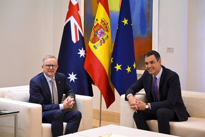 Australian Prime Minister Anthony Albanese (left) and Spanish Prime Minister Pedro Sanchez speak during a bilateral meeting ahead of the Nato Leaders Summit in Madrid, Spain, Tuesday, June 28, 2022. Australian Prime Minister Anthony Albanese will join 