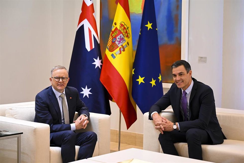 Australian Prime Minister Anthony Albanese (left) and Spanish Prime Minister Pedro Sanchez speak during a bilateral meeting ahead of the Nato Leaders Summit in Madrid, Spain, Tuesday, June 28, 2022. Australian Prime Minister Anthony Albanese will join