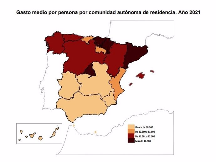 Mapa elaborado por el INE sobre la evolución del gasto medio por persona por CCAA en el año 2021