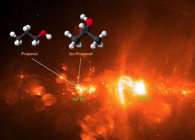 Alcohol en el espacio: la posición de la nube molecular de formación estelar Sagitario B2 (Sgr B2) cerca de la fuente central de la Vía Láctea, Sgr A*.