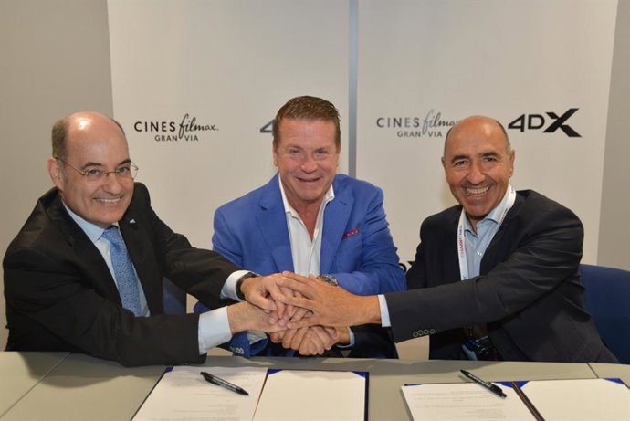 (Right,Left) Carlos Fernandez And Jaime Tarrazón, Ceos Of Cines Filmax Gran Via / (Center) Don Savant, Chief Business Officer, CJ 4DPLEX Korea