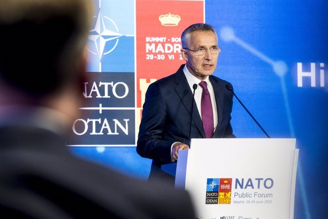 HANDOUT - 28 June 2022, Spain, Madrid: NATO Secretary General Jens Stoltenberg speaks during the NATO Public Forum's High-Level Dialogue on Climate and Security, ahead of the start of the NATO Summit. Photo: -/NATO/dpa - ATTENTION: editorial use only and 