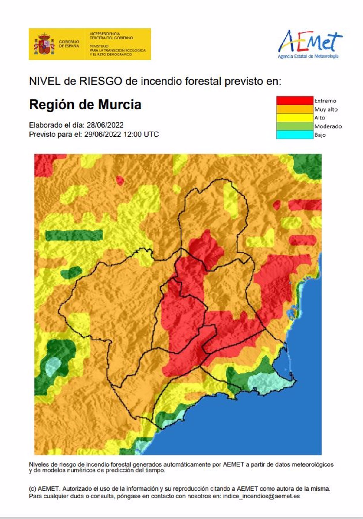 El riesgo de incendio forestal previsto para este miércoles es extremo en la Cuenca de Mula y Vega Alta