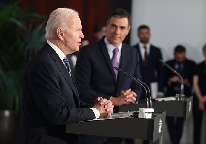 El presidente de los Estados Unidos, Joe Biden, comparece tras su reunión con el presidente del Gobierno, en el Palacio de La Moncloa, a 28 de junio de 2022, en Madrid (España). Joe Biden ha llegado a primera hora de la tarde a la base aérea de Torrejón