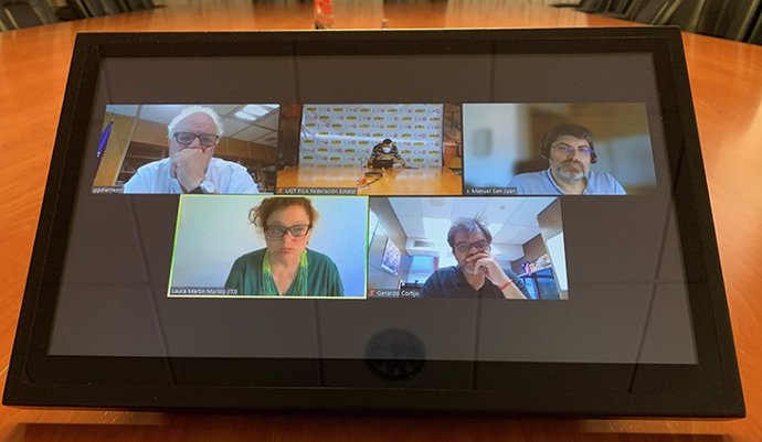 Imagen de la reunión de UGT FICA y CC.OO con los ministerios de Industria y Transición Ecológica para revisar la situación de Siemens Gamesa tras la OPA de Siemens Energy.