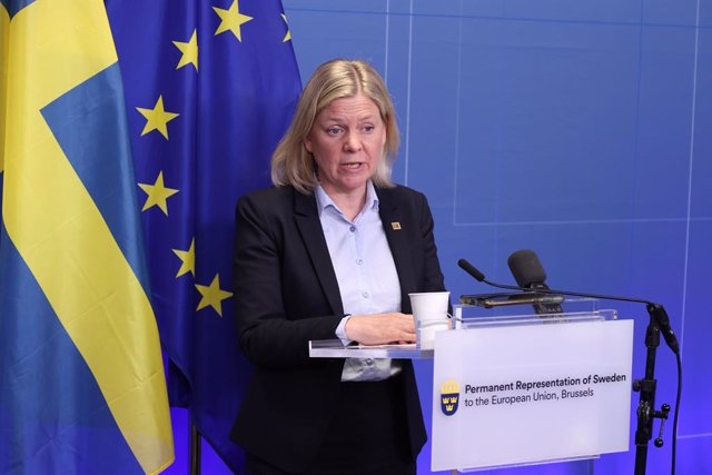 HANDOUT - 31 May 2022, Belgium, Brussels: Swedish Prime Minister Magdalena Andersson speaks during a press conference on the second day of the special meeting of the European Council at the European Union headquarters. Photo: -/European Council/dpa - ATTE