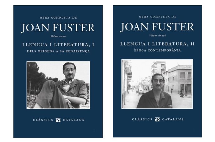 Portada de los volúmenes de 'Llengua i literatura, I: Dels orígens a la Renaixena' y 'Llengua i literatura, II: poca contempornia' de Joan Fuster publicados por Edicions62
