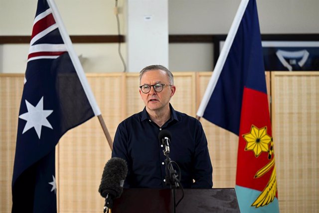 Australian Prime Minister Anthony Albanese addresses members of the Australian Defence Force during a visit to Camp Baird at Australia’s main operating base in the Middle East Al Minhad Air Base, United Arab Emirates, Monday, June 27, 2022. Mr Anthony Alb