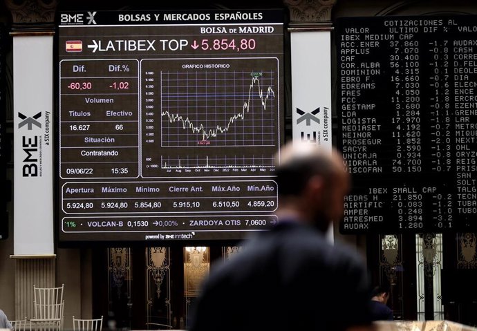 Un hombre frente a un panel del Ibex 35, en el Palacio de la Bolsa, a 9 de junio de 2022, en Madrid (España). El 57% de las empresas del Ibex 35 son consideradas transparentes de acuerdo con la información publicada en su web sobre su responsabilidad 