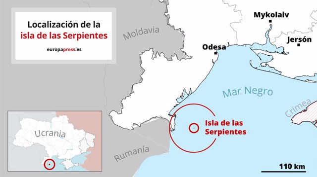 Mapa con la localización de la isla de la Serpientes en Ucrania. Las autoridades de Ucrania han anunciado el 30 de junio de 2022 que las fueras del Ejército ruso han iniciado su retirada de la isla de las Serpientes, en el mar Negro, en el marco de la gue