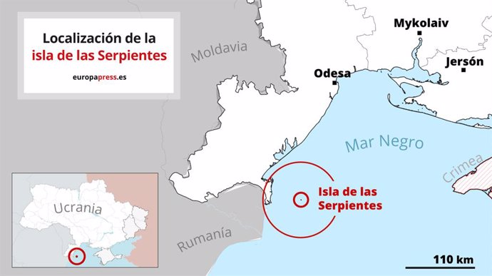 Mapa con la localización de la isla de la Serpientes en Ucrania. Las autoridades de Ucrania han anunciado el 30 de junio de 2022 que las fueras del Ejército ruso han iniciado su retirada de la isla de las Serpientes, en el mar Negro, en el marco de la g