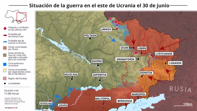 Mapa con la situación de la guerra en el este de Ucrania el 30 de junio de 2022 (Estado a las 11:00 horas)