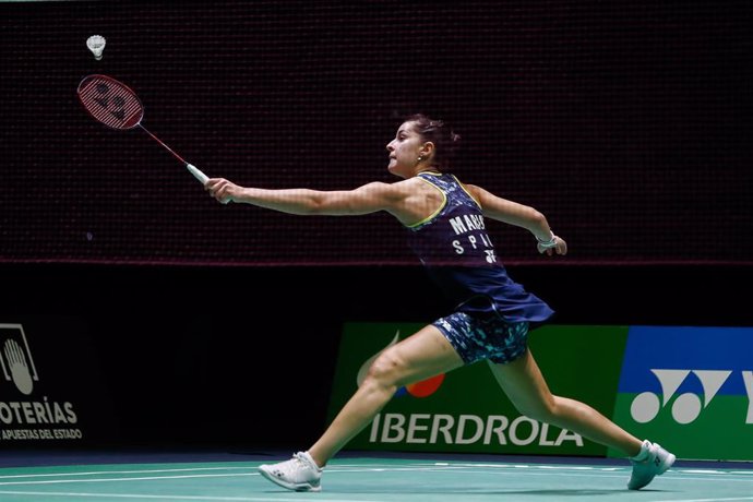 Archivo - Carolina Marín durante un partido en el Europeo de Bádminton de Madrid 