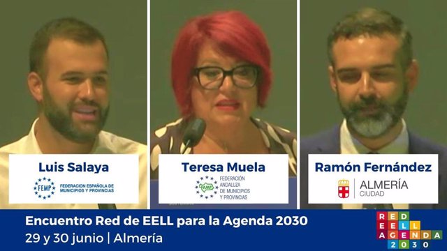 Luis Salaya, de la FEMP; la secretaria general de la FAMP, Teresa Muela, y el alcalde de Almería, Ramón Fernández-Pacheco, participan en el Encuentro de la Red de Entidades Locales para la Agenda 2030 celebrado en Almería.