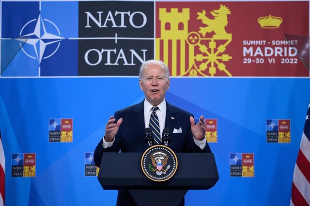 30 de junio de 2022, España, Madrid: El presidente de EEUU, Joe Biden, habla en una rueda de prensa al término de la cumbre de la OTAN. Foto: Bernd von Jutrczenka/dpa