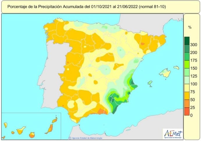 Mapa de lluvias acumuladas en España desde el 1 de octubre de 2021 hasta el 29 de junio de 2022.