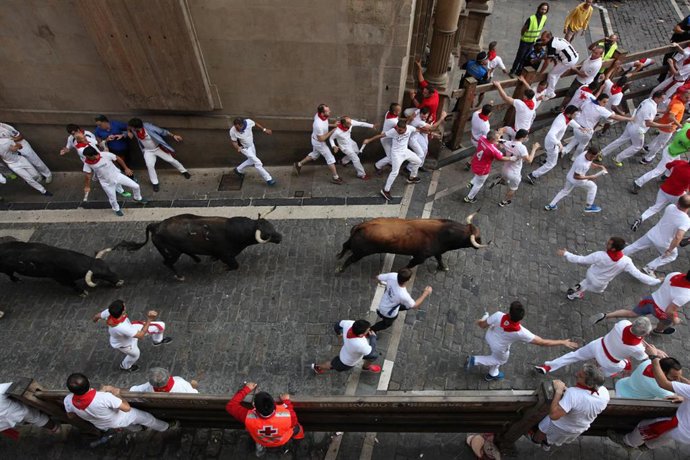 Archivo - Séptimo encierro de las fiestas de San Fermín con los toros de La Palmosilla en 2019.