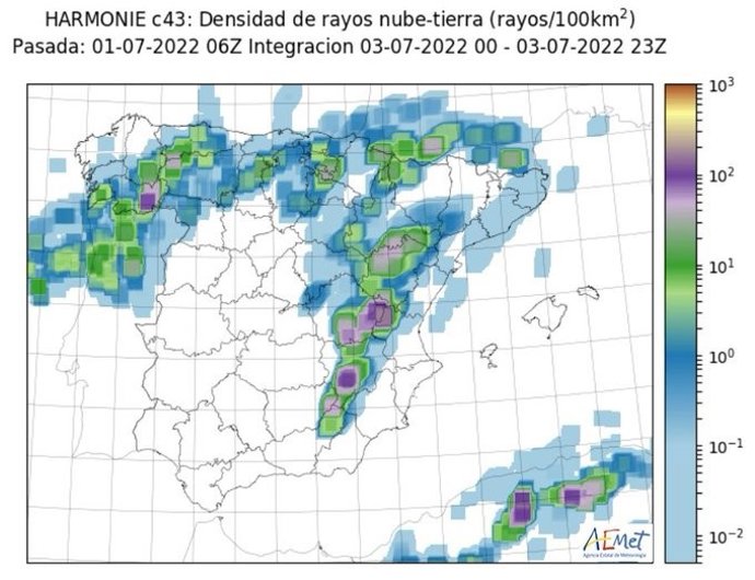 Mapa facilitado por la Aemet sobre la previsión de tormentas en CyL para la jornada del domingo