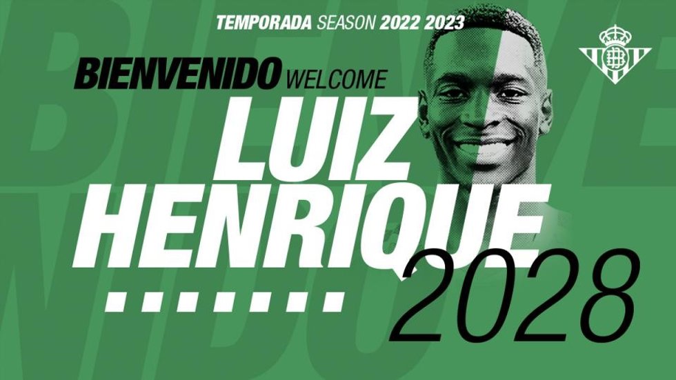 El Betis anuncia el fichaje del brasileño Luiz Henrique, que ha firmado con el club andaluz hasta 2028.