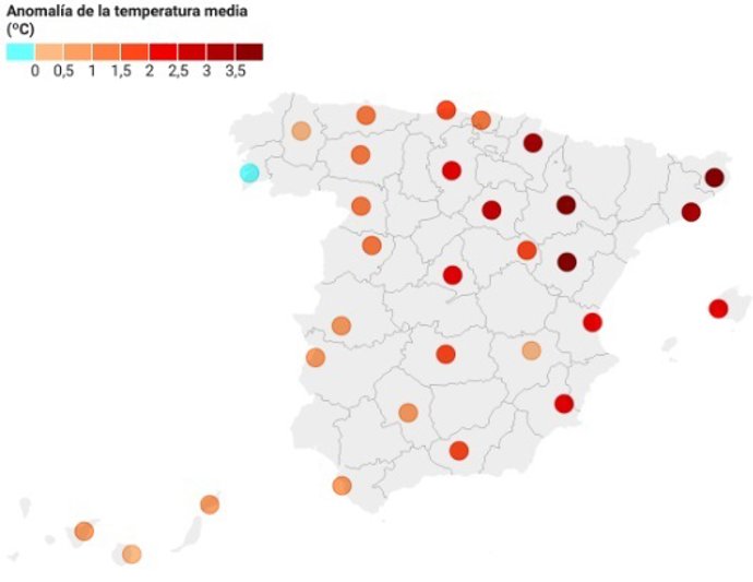 Mapa de las anomalías de las temperaturas medias de junio de 2022