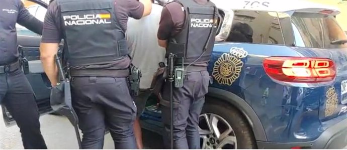 Agentes de la Policía Nacional introducen en el vehículo policial a uno de los detenidos.