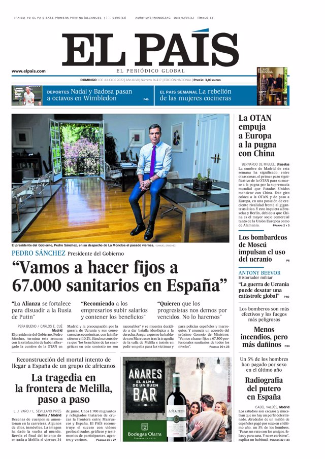 Portada El País 3 de julio 2022