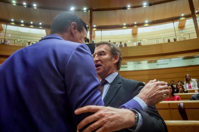 El presidente del Gobierno, Pedro Sánchez,  y el líder del PP, Alberto Núñez Feijóo, se saludan en una sesión plenaria en el Senado, a 7 de junio de 2022, en Madrid (España). Se trata del primer duelo parlamentario entre Sánchez y Feijóo.
