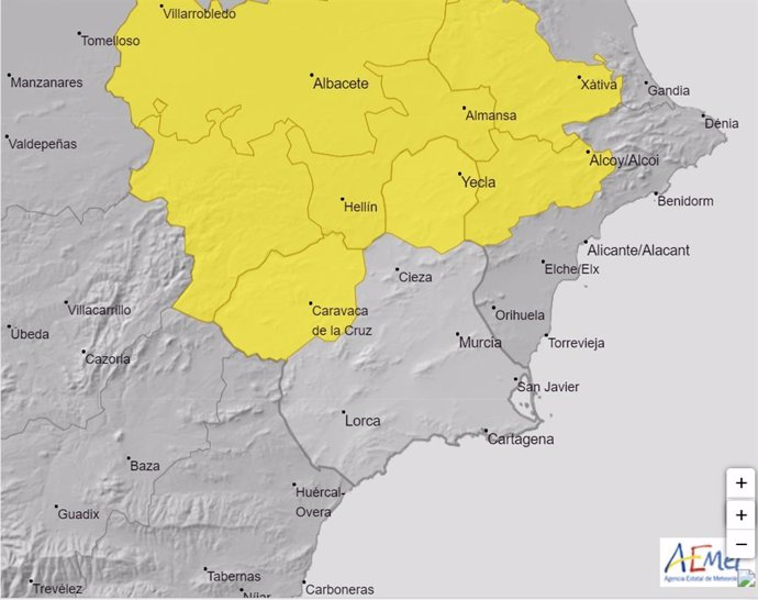 Aviso amarillo por riesgo de tormentas este martes en el Altiplano y Vega del Segura