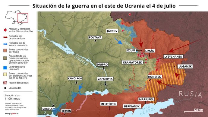 Mapa con la situación de la guerra en el este de Ucrania el 4 de julio de 2022 (Estado a las 11:00 horas). Ucrania ha cifrado este lunes en "cerca de 36.200" el número de militares rusos muertos desde el inicio de la invasión, incluidos más de 230 duran