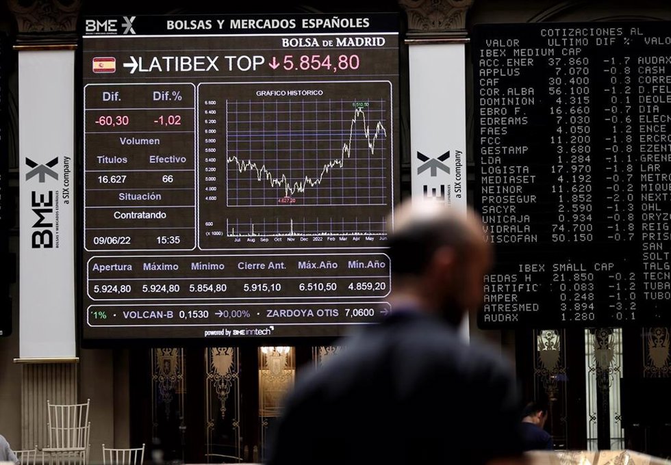 Un hombre frente a un panel del Ibex 35, en el Palacio de la Bolsa, a 9 de junio de 2022, en Madrid (España). 