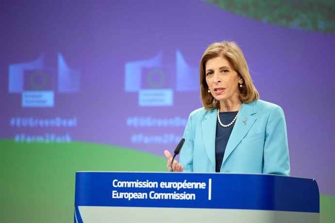 HANDOUT - 22 June 2022, Belgium, Brussels: European Union Ccmmissioner for Health, Stella Kyriakides speaks during a joint press conference on the Nature Restoration Law and the Commission's proposal to halve the use of pesticides by 2030, following the
