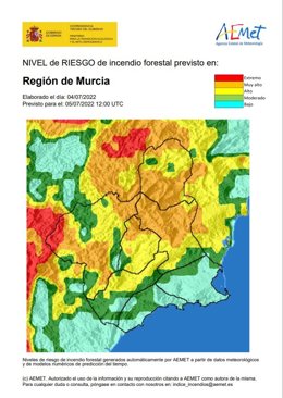 Mapa de riesgo forestal de la Región de Murcia correspondiente al 5 de julio de 2022