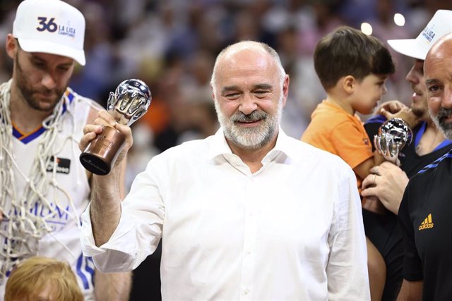 Pablo Laso, head coach of Real Madrid, celebrates the victory during the Final Game 4 of spanish league, Liga ACB Endesa, basketball match played between Real Madrid and FC Barcelona at Wizink Center pavilion on June 19, 2022, in Madrid Spain.