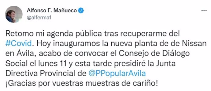 Tuit del presidente de la Junta de Castilla y León, Alfonso Fernández Mañueco.