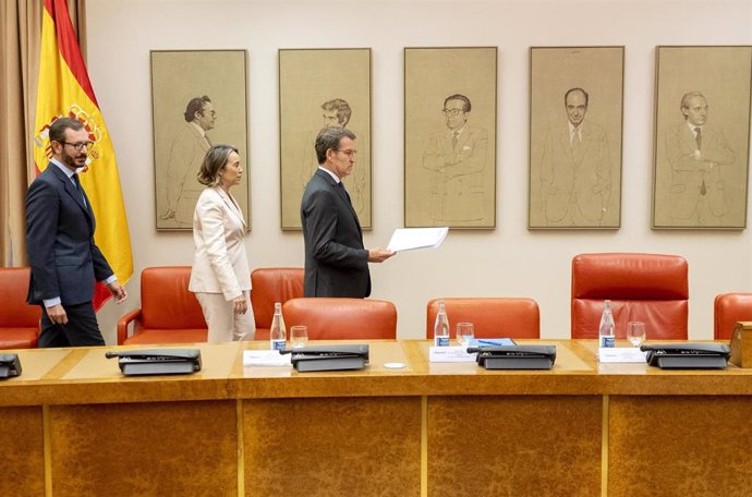 (I-D) El portavoz del PP en el Senado, Javier Maroto; la secretaria general y portavoz del PP, Cuca Gamarra y el presidente del PP, Alberto Núñez Feijóo, a su llegada a la reunión plenaria con la dirección de los Grupos Parlamentarios del Congreso y del