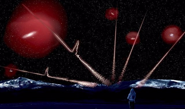 El concepto de este artista muestra ráfagas de radio distantes y rápidas que perforan los halos gaseosos alrededor de las galaxias en el universo local.